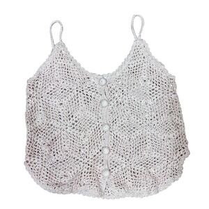 Say What? Boho Cottagecore Crochet Button Front Women Beige Knit‎ Cami Top XS
